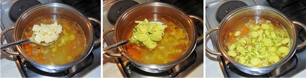 Portate a bollore l’acqua e lasciate sobbollire per una decina di minuti, dopo di che continuate aggiungendo le patate ed il porro, quindi lasciate che il brodo riprenda il bollore, coprite e fate cuocere per una decina di minuti.