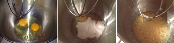 Per preparare le chiacchiere al forno, mettete le uova nella planetaria, aggiungete lo zucchero semolato e mescolate.