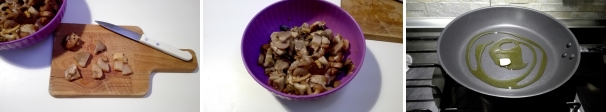 Iniziate pulendo i funghi per eliminare eventuali residui di terreno. Tagliateli a fettine o cubetti. Schiacciate lo spicchio di aglio con una forchetta e fatelo rosolare in una padella con l’olio extravergine d’oliva.