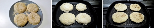 Formate quattro hamburger con l’impasto ottenuto. Fate rassodare gli hamburger in frigorifero per almeno 30 minuti. Cuoceteli sulla griglia calda 5 minuti per lato.
