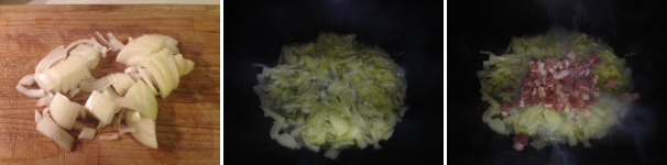 Per preparare la pasta e patate al forno, tagliate una cipolla a fettine fini, poi mettetela a soffriggere nell’olio extravergine d’oliva per circa 3/4 minuti. Trascorso il tempo aggiungete la pancetta affumicata.