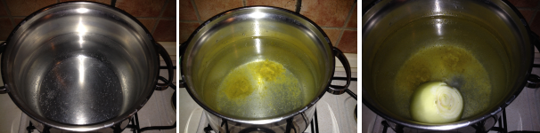 Per preparare il tacchino tonnato, fate bollire una pentola con due litri di acqua. aggiungete il dado fatto in casa e una cipolla sbucciata lasciata intera.