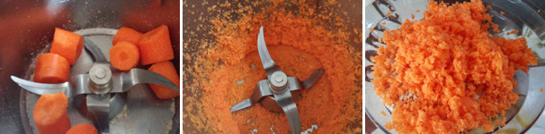 Per prima cosa tritate finemente le carote pulite con l’attrezzo che preferite, io ho usato il bimby a velocità 8 per 15 secondi. Mettete le carote tritate in una ciotola.