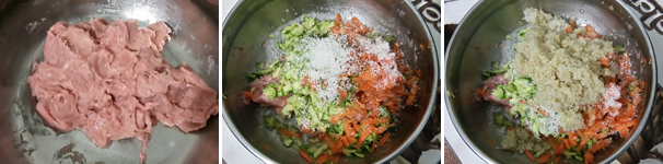 Insieme alla carne macinata di tacchino, mescolate il parmigiano grattugiato, la quinoa bollita, mezza carota grattugiata e una zucchina grattugiata, un paio di pizzichi di sale.