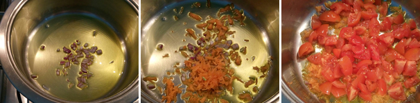 In un tegame preparate un soffritto con l‘olio d’oliva, un pezzo di cipolla e mezza carota grattugiata. Fate dorare per un paio di minuti ed aggiungete poi i pomodorini tagliati. Fate cuocere 5 minuti.