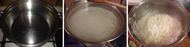 In un pentolino fate bollire un litro di acqua salata, aggiungete il riso basmati e fatelo cuocere fino al tempo indicato sulla confezione. Scolatelo e mescolatelo assieme ad un cucchiaio di olio extravergine di oliva.