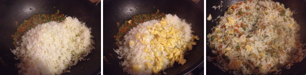 Nella padella dove avete cotto le verdure aggiungete il riso e l’uovo e mescolate insieme a due cucchiai di salsa di soia.