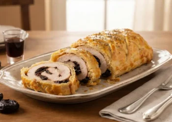 Fette di rollè di tacchino in crosta di sfoglia ripieno di prugne secche su piatto da portata