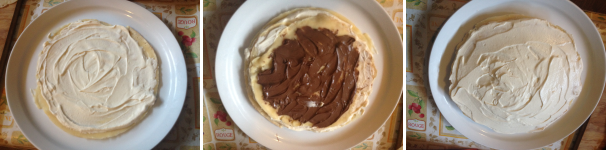 Poi procedete con gli strati alternando una crepes ad uno strato di crema al mascarpone. Al centro fate due strati con la Nutella.