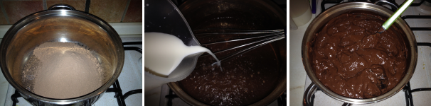 Per preparare la torta di biscotti e budino al cioccolato per rima cosa dovete fare il budino. Mettete in una pentola il contenuto delle due buste, aggiungete gradatamente 950 millilitri  latte tenendo mescolato con una frusta per evitare di fare grumi.