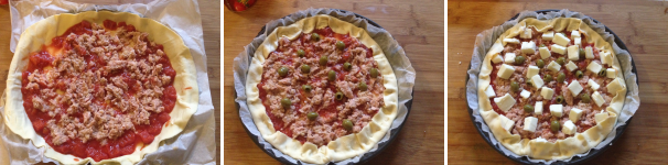 Aggiungetelo sulla torta e richiudete bene i bordi della pasta sfoglia. Infine aggiungete le olive verdi a qui   avete precedentemente tolto il nocciolo ed il formaggio.