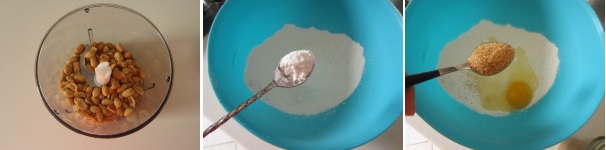 Versate le arachidi nel tritatutto e tritate grosolanamente. Setacciate la farina in una ciotola. Aggiungete il lievito e il bicarbonato. Unite l’uovo e lo zucchero.