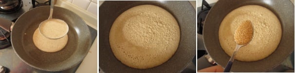 Ungete la padella con il burro e riscaldatela. Versate un mestolo dell’impasto in mezzo alla padella e lasciatelo allargarsi. Cuocete per qualche minuto, fin quando non appaiono le bollicine sulla superficie. Cospargete allora il pancake con lo zucchero.