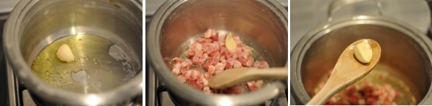 Scaldate in una pentola l’olio e profumatelo con l’aglio. Aggiungete la pancetta affumicata e fatela dorare a fuoco basso così da non rischiare di bruciarla. Appena prima di aggiungere i ceci eliminate lo spicchio l’aglio.