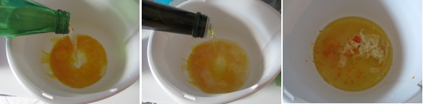 Aggiungete l’acqua ai tuorli e poi l’olio. Grattugiate la scorza di arancia. Sbucciate una banana e schiacciatela con una forchetta. Aggiungete la polpa al resto.