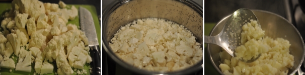 Tagliate grossolanamente il cavolfiore. Non servirà essere precisi perché tanto andrà poi amalgamato e schiacciato con la ricotta. Lessatelo in abbondante acqua salata e scolatelo con una schiumarola perché non dovrete buttare l’acqua di cottura. Mettete il cavolfiore in una ciotola abbastanza grande da poter lavorare gli ingredienti all’interno