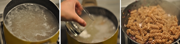 Portate a ebollizione l’acqua salata e cuocete la pasta secondo i tempi indicati nella confezione. Poco prima di scolarla prelevate un bicchiere di acqua di cottura. Buttate la pasta nel sugo di trevisana e ricotta.