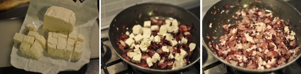 Tagliate a cubetti la ricotta (ne basterà mezza confezione) e unitela al radicchio. Mescolate bene e rompete con il cucchiaio di legno il formaggio in modo da renderlo simile a briciole. Regolate di sale e di pepe.