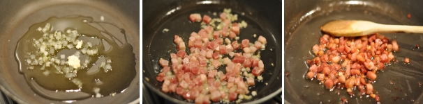 Nel frattempo fate scaldare l’olio in una padella antiaderente e mettete la cipolla a soffriggere. Unite la pancetta e fatela cuocere a fuoco basso fino a vederla dorata e con il grasso sciolto per la maggior parte.