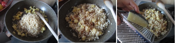 Scolate il riso se ancora è rimasta l’acqua di cottura ed eliminate le bucce. Mescolate il riso con le mele. Aggiungete la cannella e il pepe. Cuocete per qualche minuto sulla fiamma bassa. Spegnete il fuoco e cospargete con il pecorino.