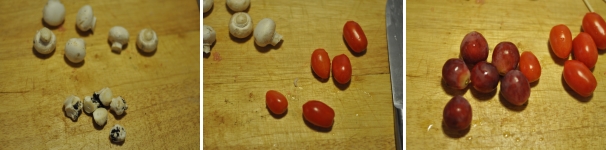 Private i funghi della parte finale del gambo, puliteli da ogni residuo di terra con un canovaccio umido. Sciacquate i pomodorini sotto acqua corrente e privateli della parte vegetale. Staccate gli acini di uva dal ramo centrale e sciacquateli sotto acqua corrente.
