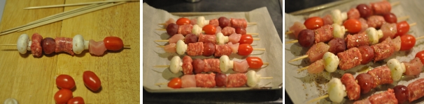 Ora è tempo di comporre i nostri spiedini. Alternate gli ingredienti tra carne e verdura. Depositateli su una teglia ricoperta di carta forno, spennellateli con olio e aromatizzateli con l’origano, il sale e il pepe. Fateli cuocere per 10 minuti, poi girateli e proseguite la cottura per altri 10 minuti