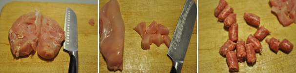 Partite con il pulire e tagliare la carne. Separate il pollo dall’osso centrale e tagliatelo a cubetti il più uguali possibili. Tagliate la salsiccia della stessa misura dei bocconcini di pollo, lasciando la parte esterna (che ne manterrà la forma). Intanto accendete il forno a 180 gradi.