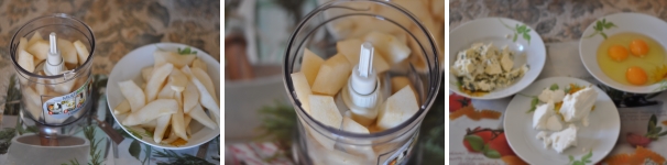 Sbucciate le pere. Tagliatene a fettine un paio che serviranno per ricoprire la torta. Le altre due invece tagliatele a cubetti grossolani. Saranno la parte che andrà frullata e mescolata al ripieno. Intanto preparate gli ingredienti per il ripieno: il roquefort, la ricotta, le uova.