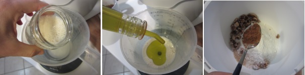 Aggiungete i fichi agli ingredienti secchi. In un altro recipiente versate lo yogurt ed aggiungete l’olio. Rimescolate e lasciate da parte. Unite alla farina la cannella.