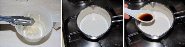 Riempite con acqua fredda un recipiente ed al suo interno immergete i fogli di colla di pesce e lasciatele ammorbidire. In un pentolino versate la panna liquida ed insieme ad essa unite anche l’estratto di vaniglia.