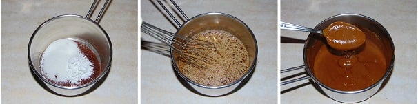 In un pentolino andate ad unire tutti gli ingredienti in polvere, dunque iniziate a versarci dentro il caffè solubile, a seguire setacciate l’amido di frumento così da non ritrovarvi con i grumi durante la cottura ed infine aggiungete lo zucchero semolato; aiutandovi con una frusta per dolci, amalgamate le polveri ed a poco a poco versate il latte continuando sempre a mescolare. Trasferite sul fornello il pentolino con il composto, quindi accendete il gas mantenendo la fiamma molto bassa e portate a bollore continuando a mescolare così che l’amido non si depositi sul fondo attaccandosi. Una volta pronto toglietelo da fuoco e lasciatelo giusto un minuto a riposare.