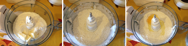 Per preparare i biscotti girella, mettete in un mixer 220 grammi di farina ed il burro molto freddo, azionate per qualche istante poi aggiungete l’uovo.