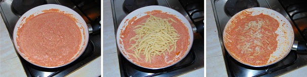 Ottenuto il sugo di pomodoro e ricotta, fatelo andare un paio di minuti a fiamma bassa in modo da ridurre un po’ del liquido che la ricotta rilascia a contatto con il calore. Cuocete la pasta in abbondante acqua salata, seguendo i tempi di cottura della confezione. Scolate la pasta e versatela nella padella insieme al sugo, saltatela e prima di servirla mantecate con abbondante parmigiano reggiano a scaglie.
 