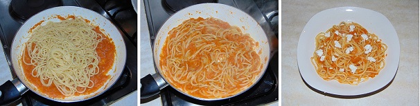 Versate gli spaghetti nella salsa di zucca e zenzero sotto cui avrete nuovamente acceso il fuoco, aggiungete l’acqua di cottura quando necessario e terminate la cottura della pasta. Una volta pronta toglietela dal fuoco e servitela ben calda con una generosa spolverata di caprino a pasta semidura.