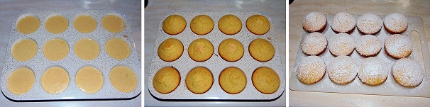 Dividete il composto in una teglia da 12 per muffins, infornate in forno statico preriscaldato a 200 gradi e cuocete per circa 12 minuti; controllate la cottura e se pronti sfornateli ed estraeteli dalle formine, quindi spolverizzateli con lo zucchero a velo.