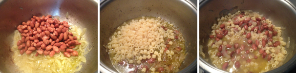 Nella pentola delle cipolle aggiungete i fagioli lessati e fateli cuocere 10 minuti, poi aggiungete la pasta e fate cuocere tutto insieme per 5 minuti.
 