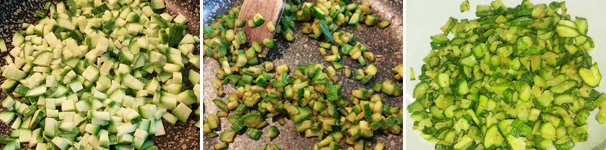 Per prima cosa tagliate a dadini piccoli la zucchina e cuocetela in padella con un filo d’olio d’oliva ed un pizzico di sale fino a quando non risulta morbida. Mettete la zucchina cotta da parte e lasciatela raffreddare per una decina di minuti.