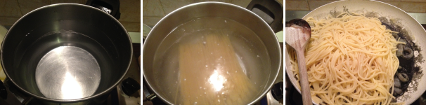 Mettete sul fuoco dell’acqua e quando bolle aggiungete il sale e gli spaghetti,  fateli cuocere per il tempo indicato sulla confezione. Poi scolateli e fateli saltare 2/3 minuti in padella insieme al sugo di calamari.