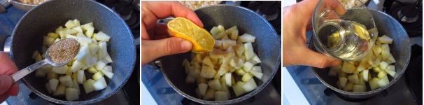Sciogliete il burro in una pentola. Sbucciate le mele e tagliatele a cubetti. Versate nella pentola. Unite 2 cucchiaini di zucchero e succo di mezzo limone. Versate mezzo bicchiere d’acqua. Cuocete sulla fiamma dolce fin quando le mele non si ammorbidiscono.