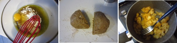 Aggiungete un uovo e il lievito. Mescolate con la frusta per ottenere un composto omogeneo. Create una palla e mettetela in frigorifero per circa 15 minuti. Tagliatela in due metà e poi in pezzi più piccoli uguali. Raffreddate le mele e schiacciatele con una forchetta.