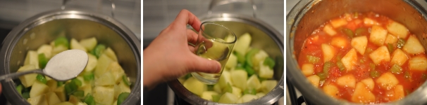 Unite lo zucchero, mescolate bene così da ricoprire mele e soffritto poi sfumate con l’aceto. Lasciate evaporare qualche minuto, aggiungete la polpa di pomodoro, regolate di sale, se serve, e cuocete per una ventina di minuti, ottenendo così un risultato ancora resistente al palato.