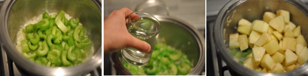 E’ tempo di aggiungere il sedano, farlo saltare in padella qualche minuto poi aggiungete l’acqua e cuocete a pentola coperta per 5 minuti, giusto il tempo di ammorbidire il sedano. Unite le mele, fate insaporire e aggiungete sale e pepe