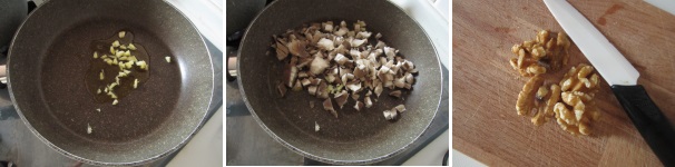 Versate l’olio in padella, unite l’aglio tagliato finemente e riscaldate. Pulite i porcini e tagliateli a pezzi piccoli. Aggiungeteli all’olio caldo e saltate per qualche minuto. Preparate le noci.
