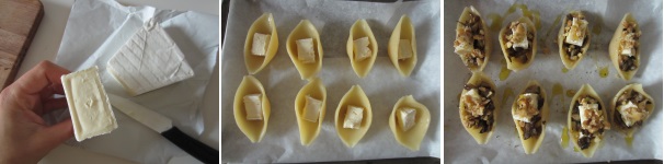 Tagliate il brie a rettangolini, privandoli della crosta. Scolate i conchiglioni e ungeteli con l’olio. Disponeteli sulla teglia rivestita con la carta da forno. Riempite ogni conchiglia con un pezzettino di brie, con i funghi, di nuovo con il brie e alla fine con le noci. Salate, pepeate e condite con l’olio. Cuocete in forno a 170 gradi per circa 10-15 minuti.