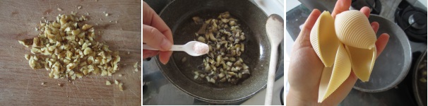 Tritate le noci grossolanamente usando il coltello. Salate i funghi alla fine della cottura. Mescolate. Portate ad ebollizione l’acqua, salatela e cuocete i conchiglioni al dente.