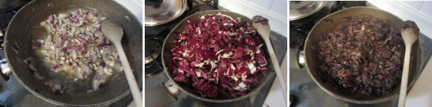 Sbucciate le cipolle e tagliatele finemente. Versate l’olio nella padella e soffriggetele. Lavate e tagliate a striscioline il cavolo ed aggiungetelo alla cipolla appassita. Aggiustate con il sale e con il pepe. Stufate il cavolo per una quindicina di minuti a fuoco medio-basso.
