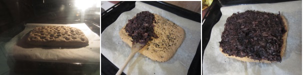 Condite la focaccia leggermente con l‘olio. Infornatela in forno preriscaldato a 190 gradi per circa 20 minuti. Sfornate e fate aderire alla superficie lo stufato di cavolo rosso. Lasciate riposare qualche minuto e poi tagliate.