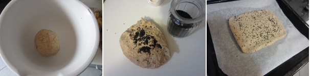 Lavorate l’impasto per una decina di minuti, comunque fin quando non diventerà elastico e si staccherà dalle pareti. Create una palla, coprite con un canovaccio pulito e lasciate lievitare per un’ora. Dopo fate le pieghe e stendete delicatamente l’impasto con un mattarello, dandogli la forma rettangolare. Cospargete con la nigella sativa e ripassate. Trasferite la vostra focaccia sulla teglia rivestita con la carta da forno. Lasciate lievitare ancora per 20 minuti.
