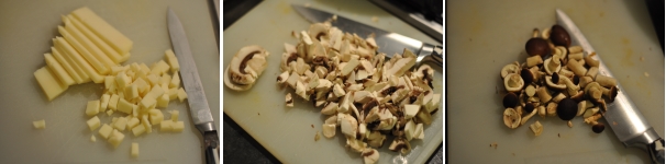 Tagliate il provolone piccante a cubetti il più piccoli possibili così da farli sciogliere bene in cottura. Tagliate i funghi champignon grossolanamente, separate i pioppini dalla base e tagliate in due il gambo se troppo lungo.