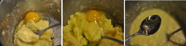 Ora rompete il primo uovo e mescolato fino a che il composto di burro e zucchero non l’abbia assorbito. Proseguite con il secondo uovo e incorporate pure quello. Aggiungete i cucchiai di rum e mescolate ancora. Intanto sbattete in una ciotolina a parte l’uovo rimanente che servirà per spennellare la torta.
 